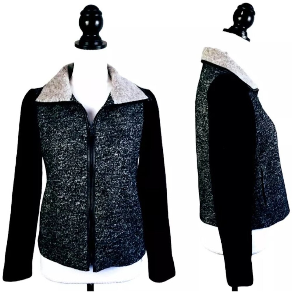 ANN TAYLOR Jacket, Gray Black Wool Full Zip Collared Pockets Career, Petite S